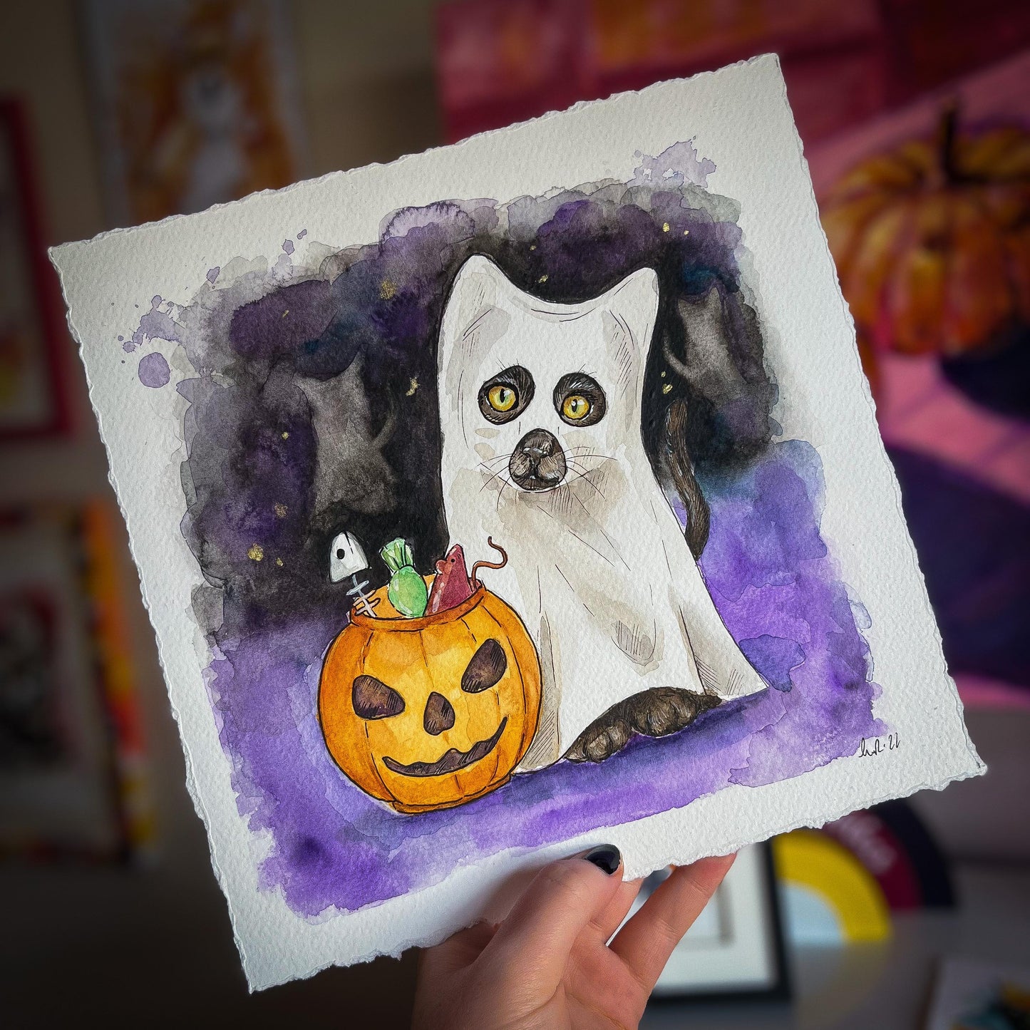 Sheet Ghost Cat Watercolour Painting - Sidney