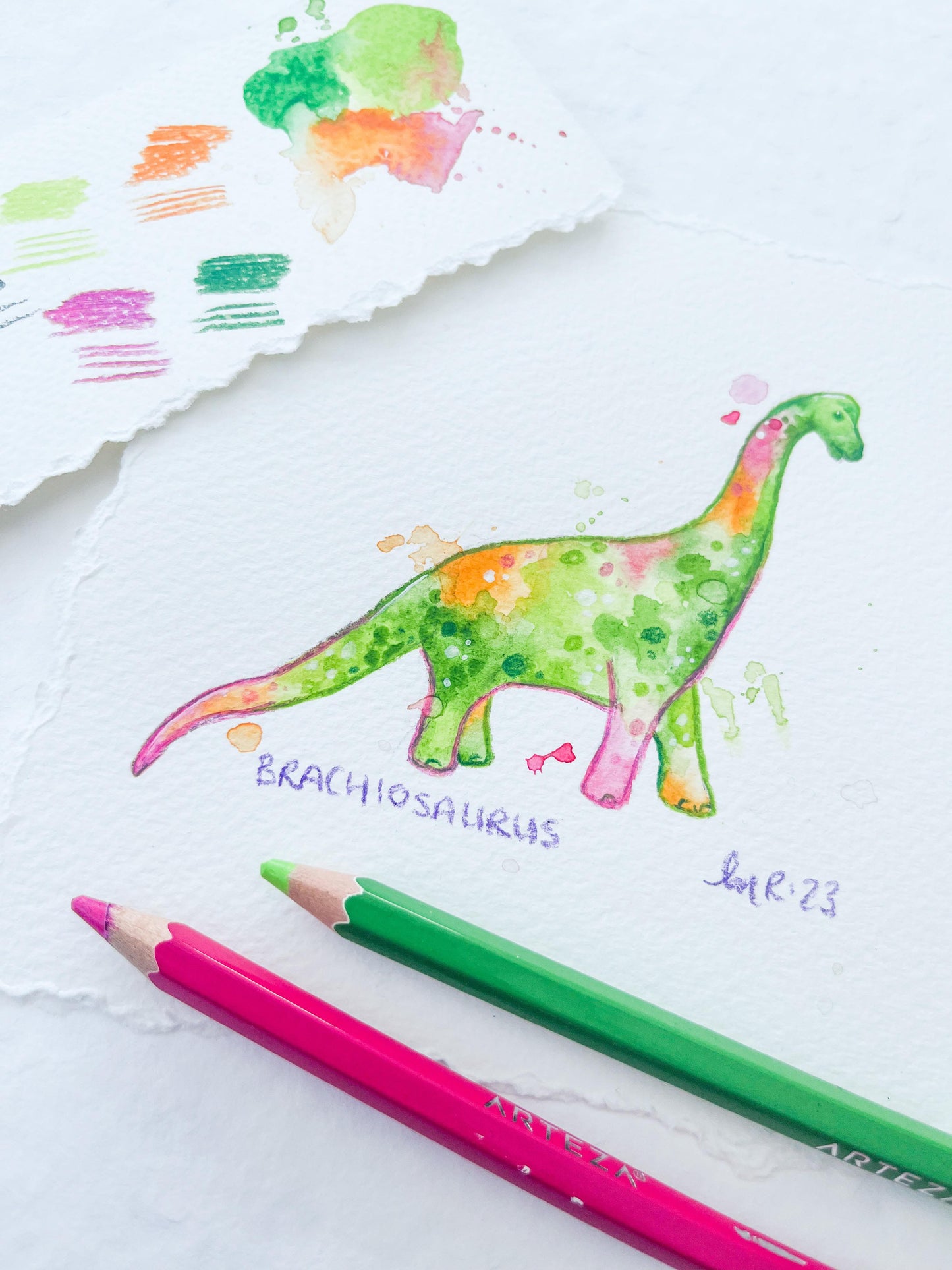 Brachiosaurus Rainbow Tie Dye Watercolour Painting