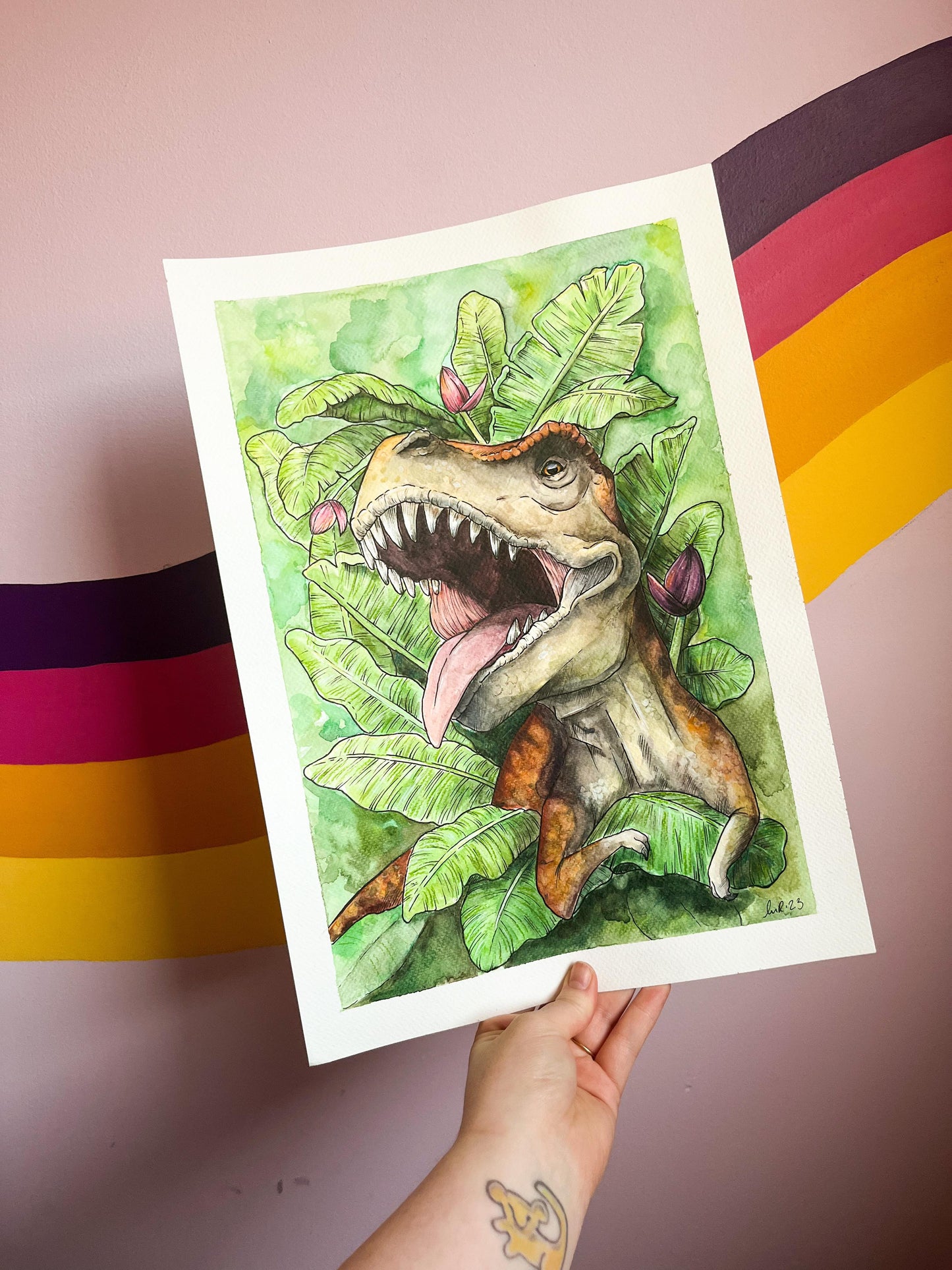 T-Rex Leafy Watercolour Painting