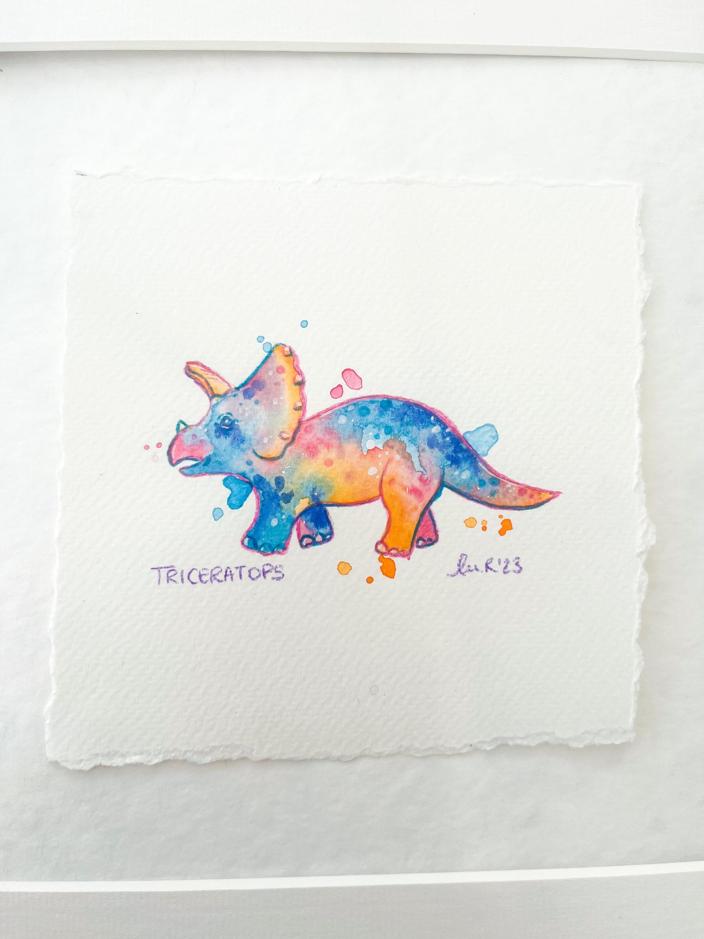 Triceratops Rainbow Tie Dye Watercolour Painting
