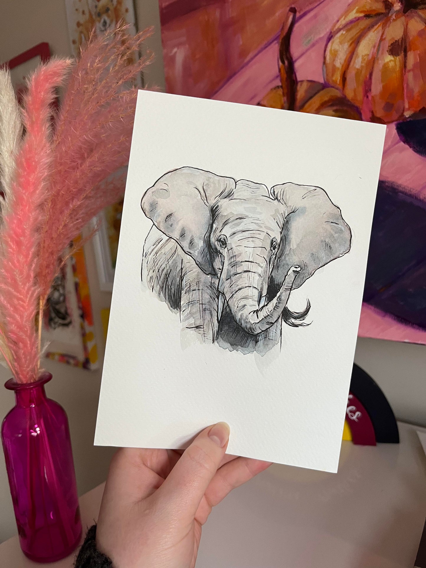 African Forest Elephant Watercolour and Ink Painting