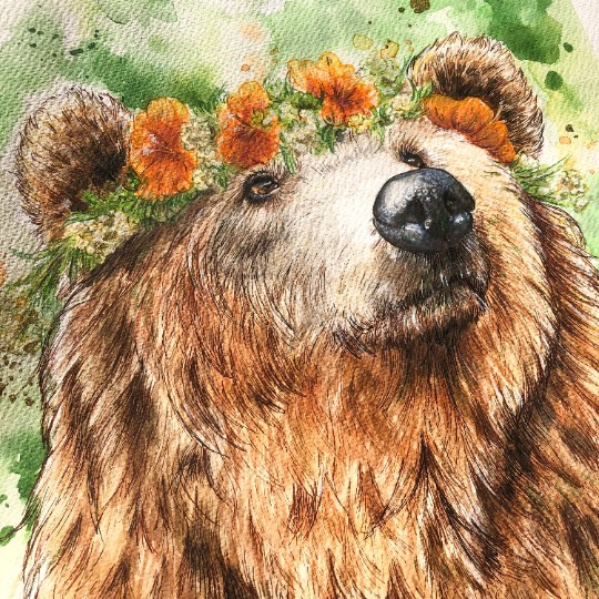 Elinor | Grizzy Bear Flower Crown Watercolour Painting