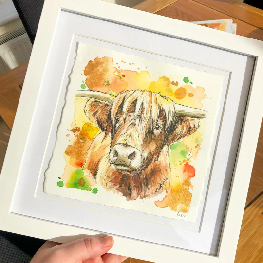 Sunny Highland Cow Original Watercolour Painting