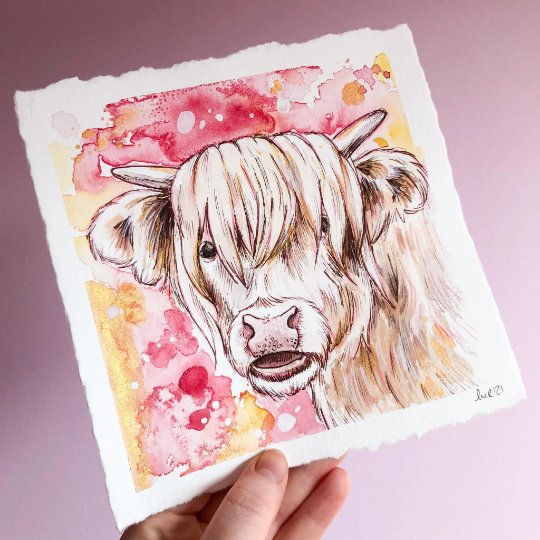 Strawberry Highland Cow Original Watercolour Painting