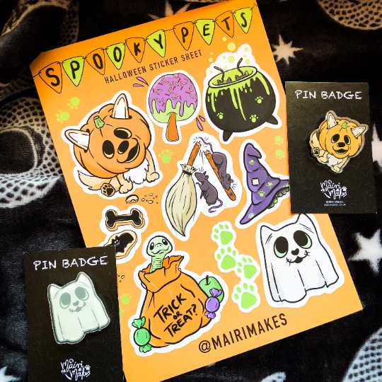 Spooky Pets Halloween Pin Badge and Sticker Bundle