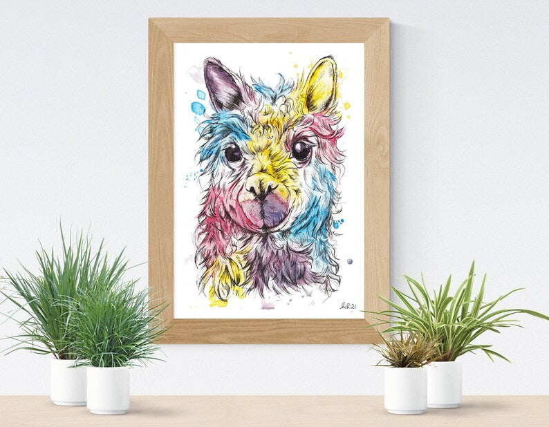 Colourful Alpaca Watercolour Print
