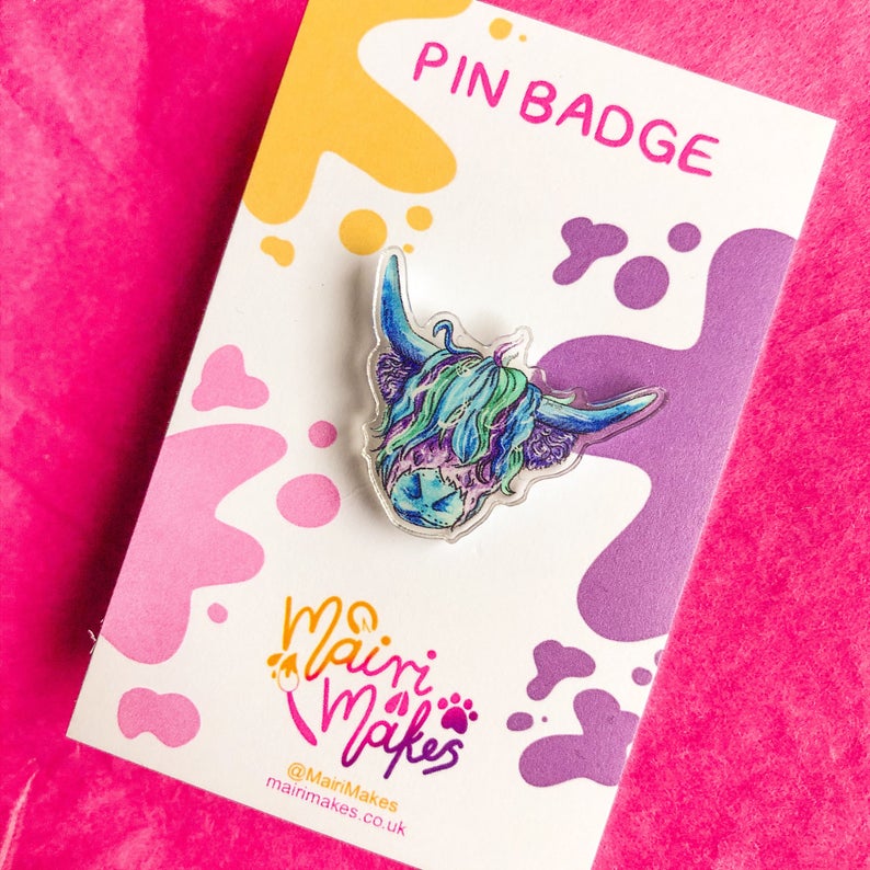Blue Highland Cow Pin Badge