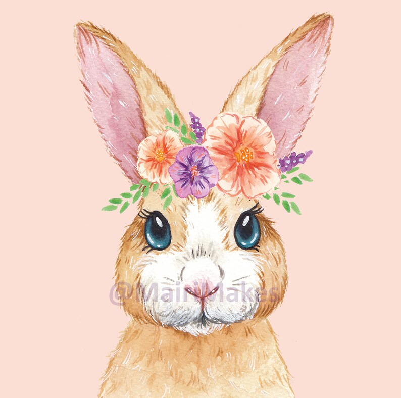 Flower Crown Bunny Illustration Print - Peach/Orange