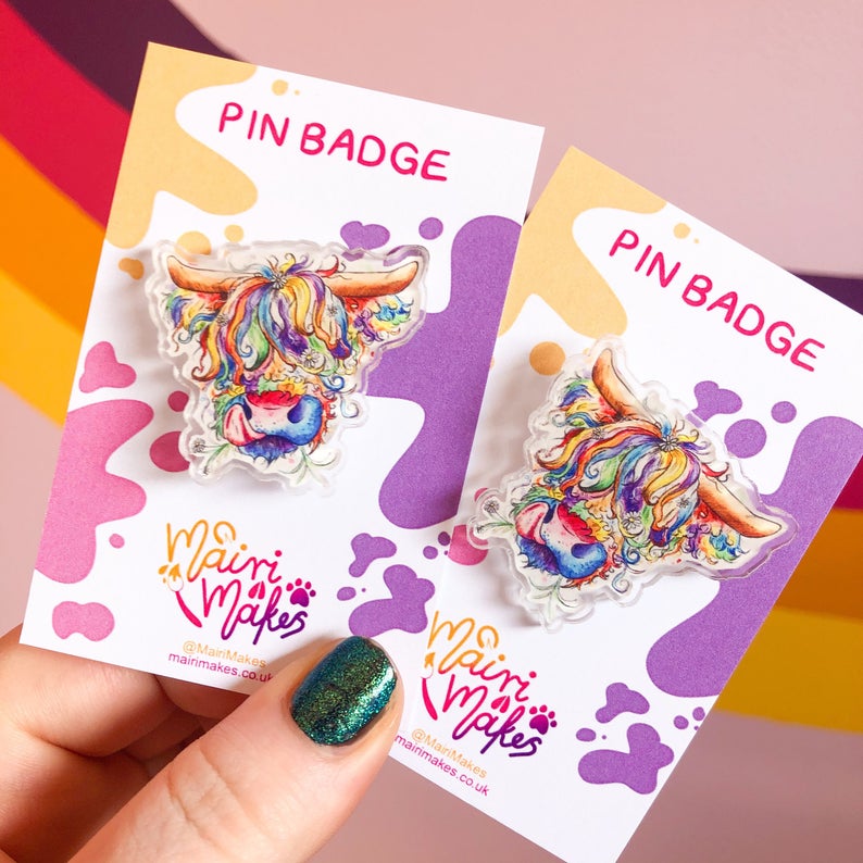 Rainbow Highland Cow Pin Badge