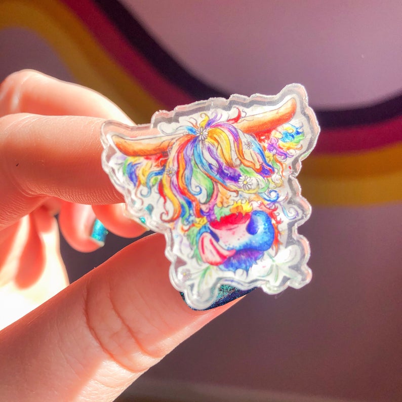 Rainbow Highland Cow Pin Badge