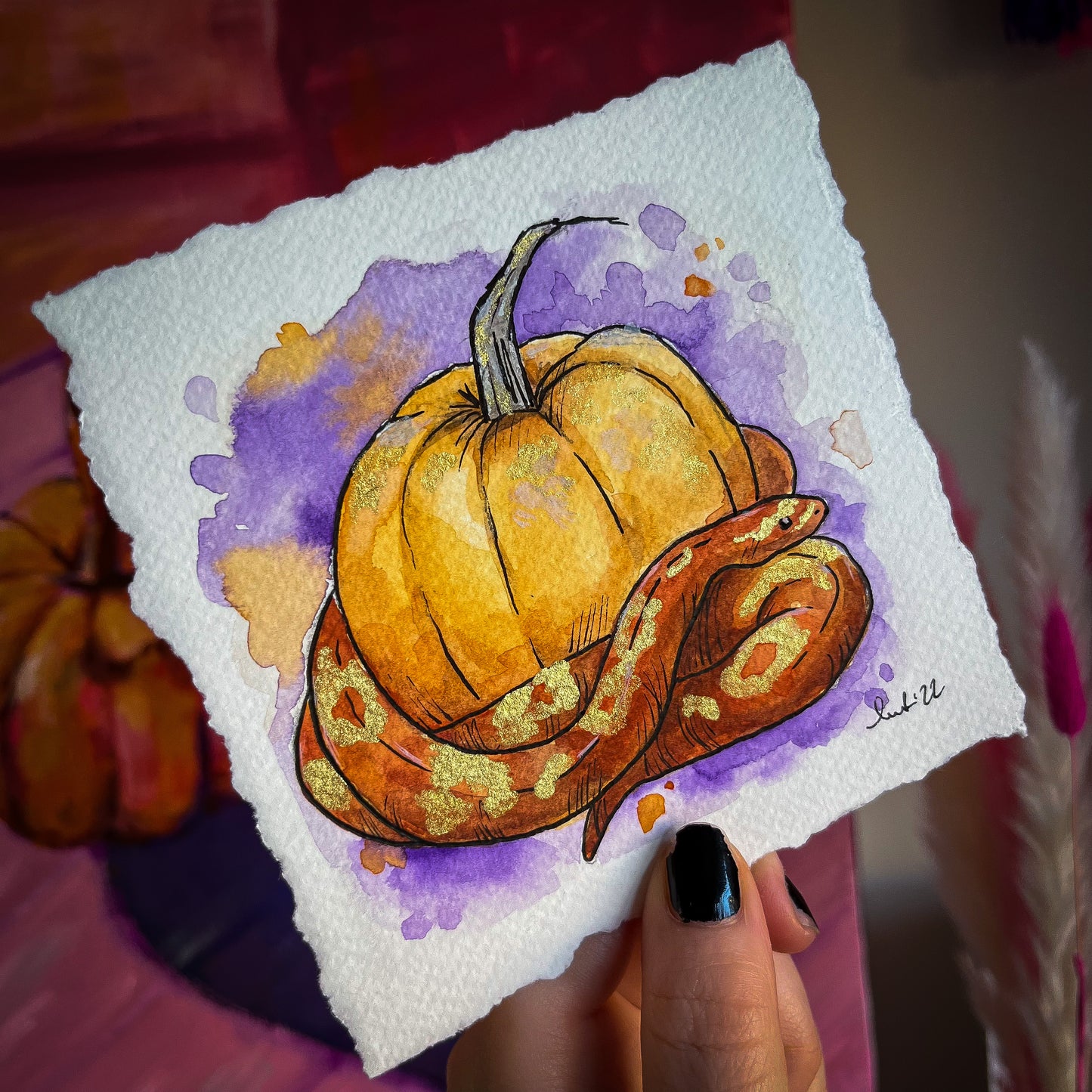 Snake and Pumpkin Watercolour Painting - Laurie