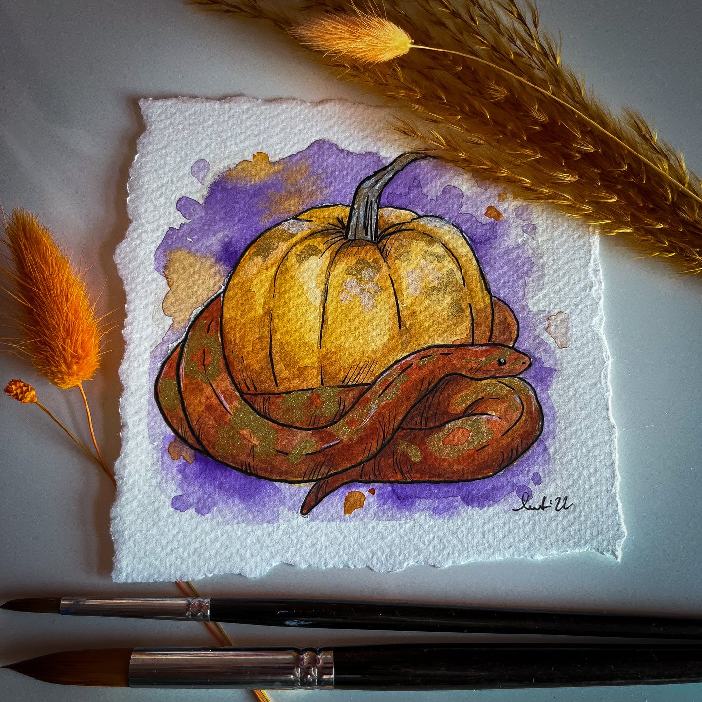 Snake and Pumpkin Watercolour Painting - Laurie