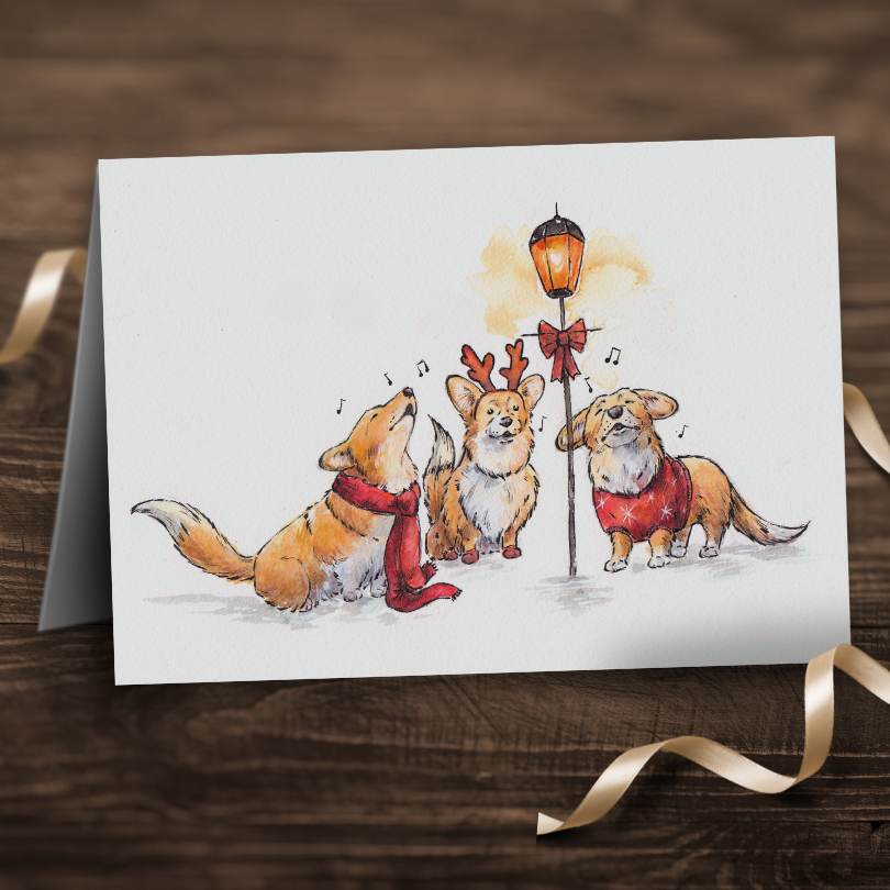 Carol Singing Corgi Christmas Card