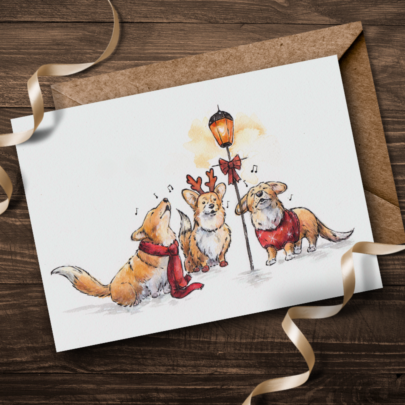 Carol Singing Corgi Christmas Card