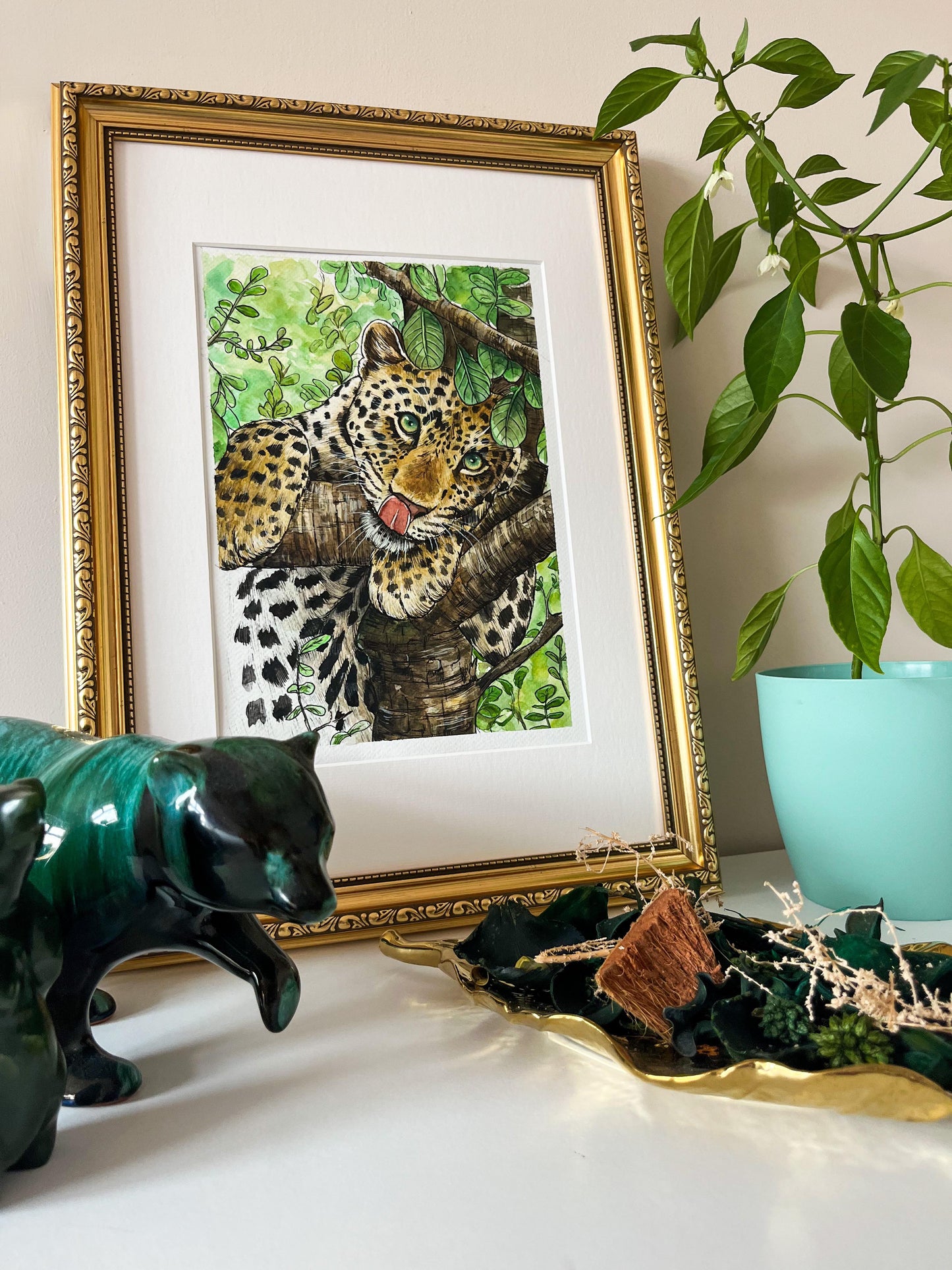 Leopard in Tree Watercolour Painting