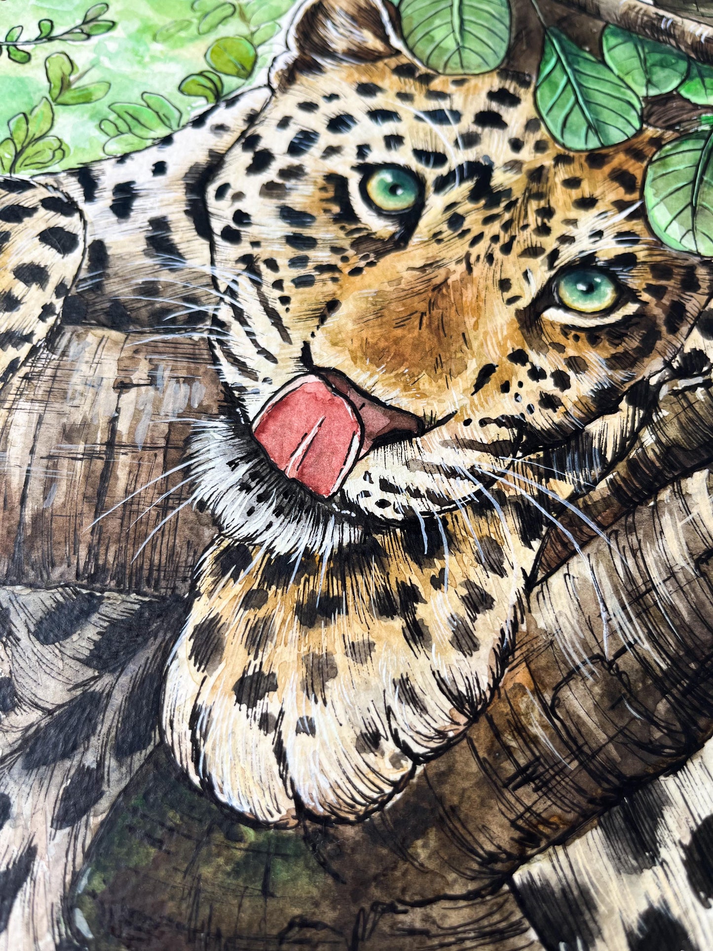Leopard in Tree Watercolour Painting