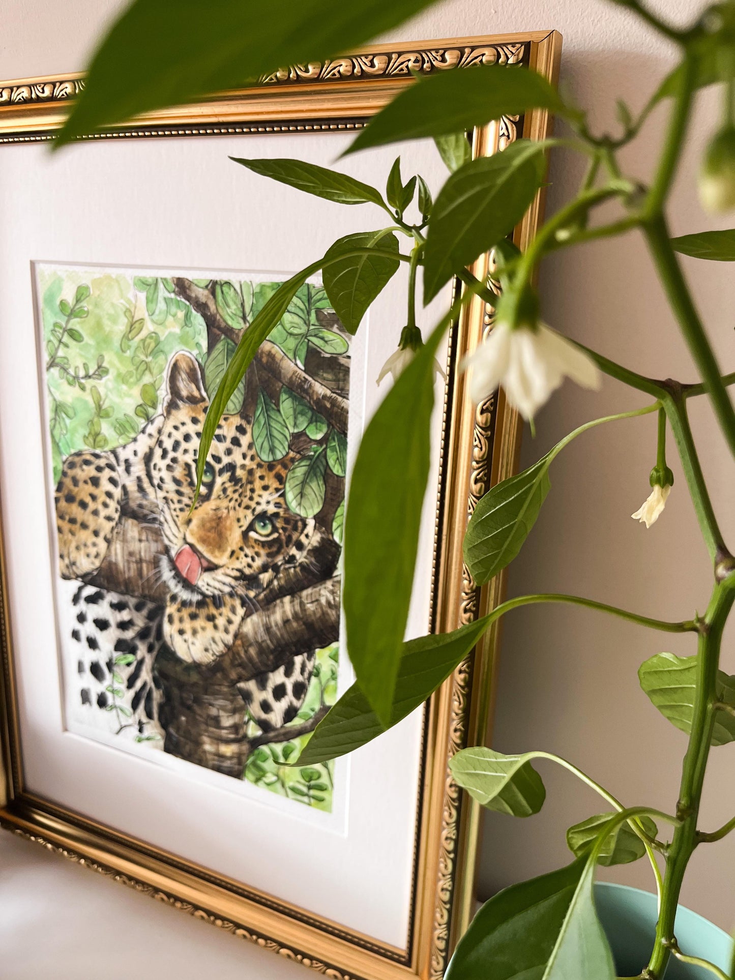 Leopard in Tree Watercolour Painting