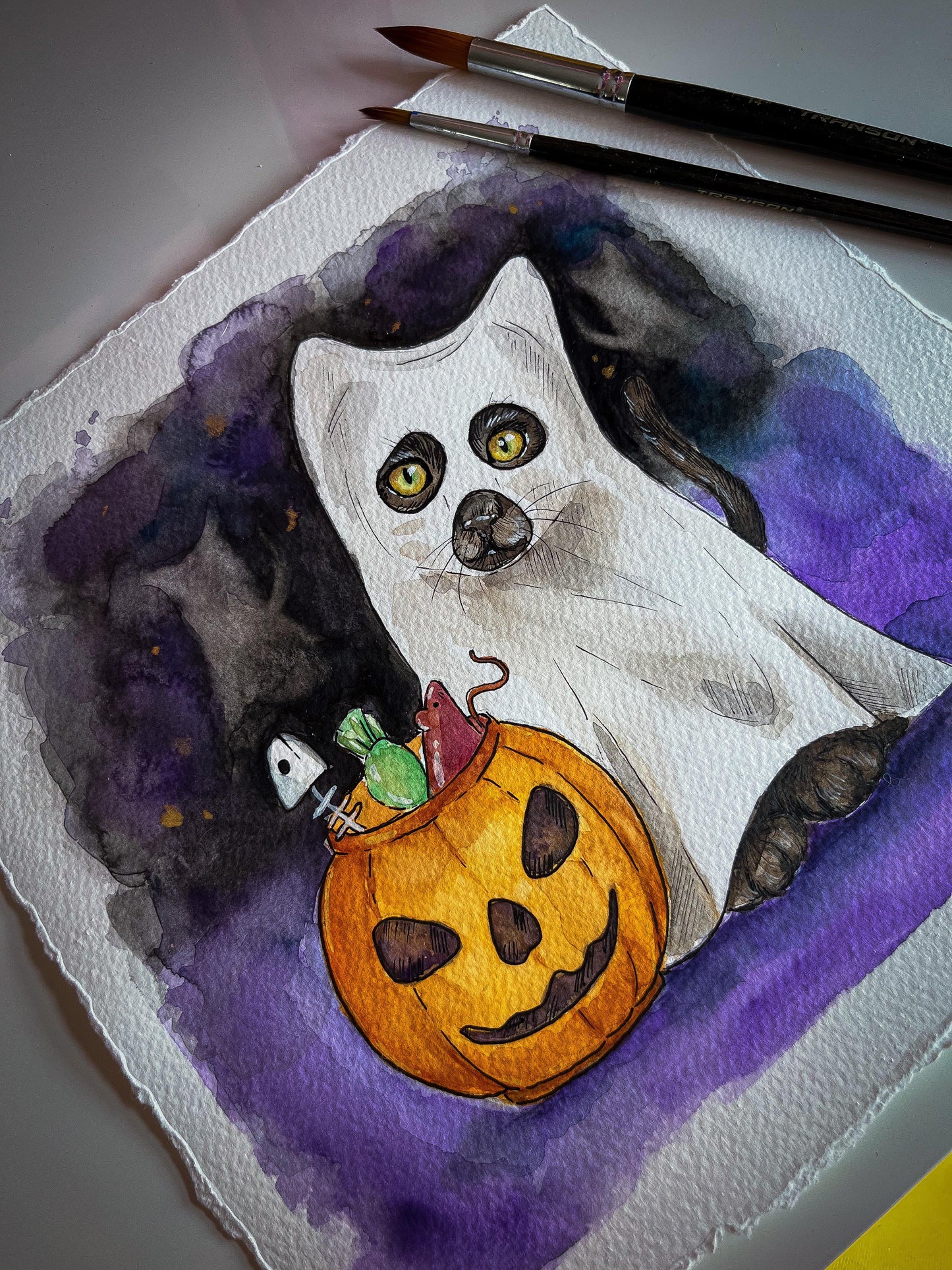 Sheet Ghost Cat Watercolour Painting - Sidney