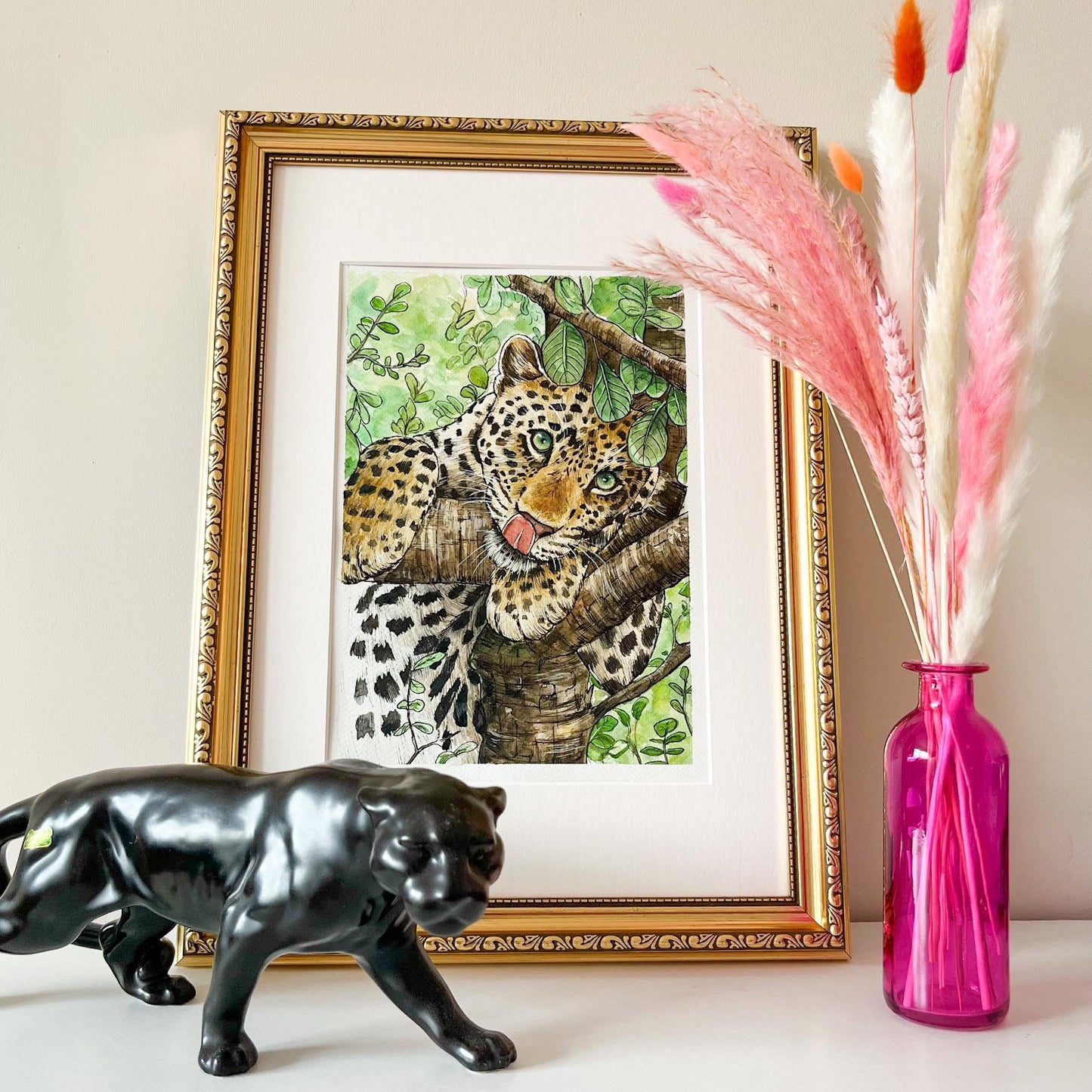 Leopard in Tree Watercolour Painting