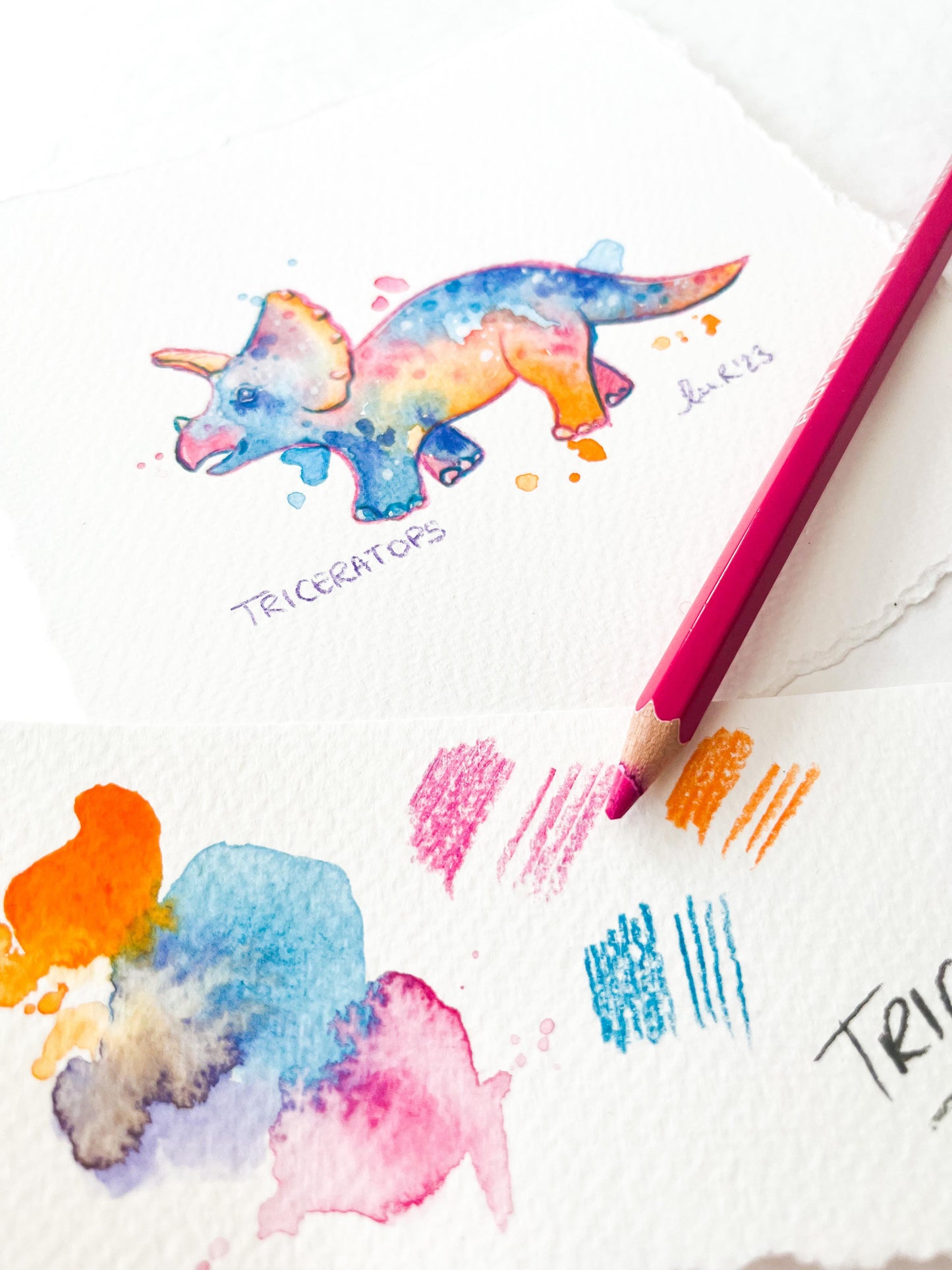 Triceratops Rainbow Tie Dye Watercolour Painting