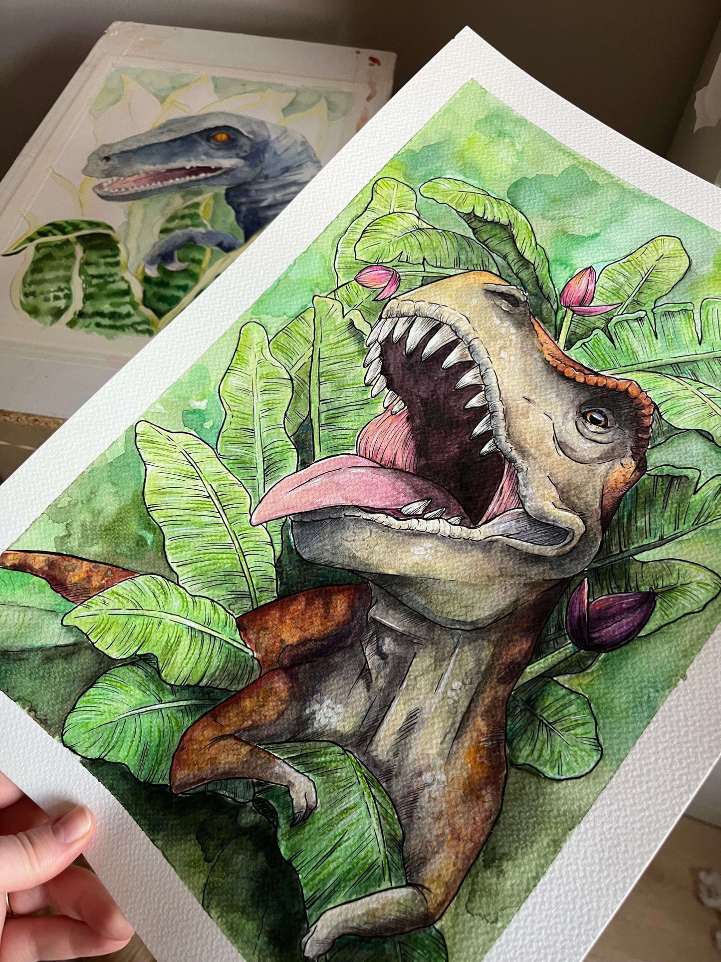 T-Rex Leafy Watercolour Painting
