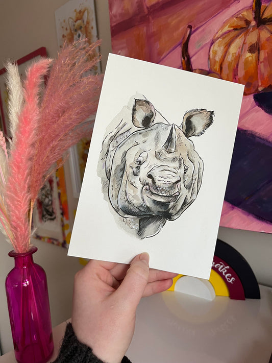 Javan Rhino Watercolour and Ink Painting