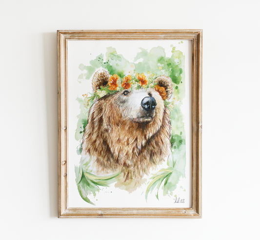Elinor | Grizzly Bear Flower Crown Art Print