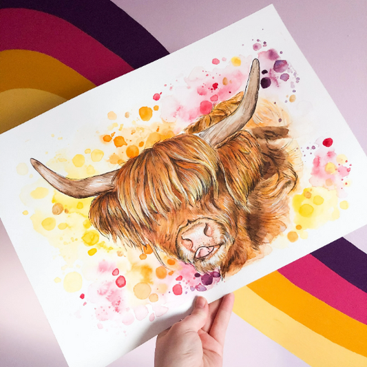 Orange and Pink Highland Cow Original Watercolour Painting