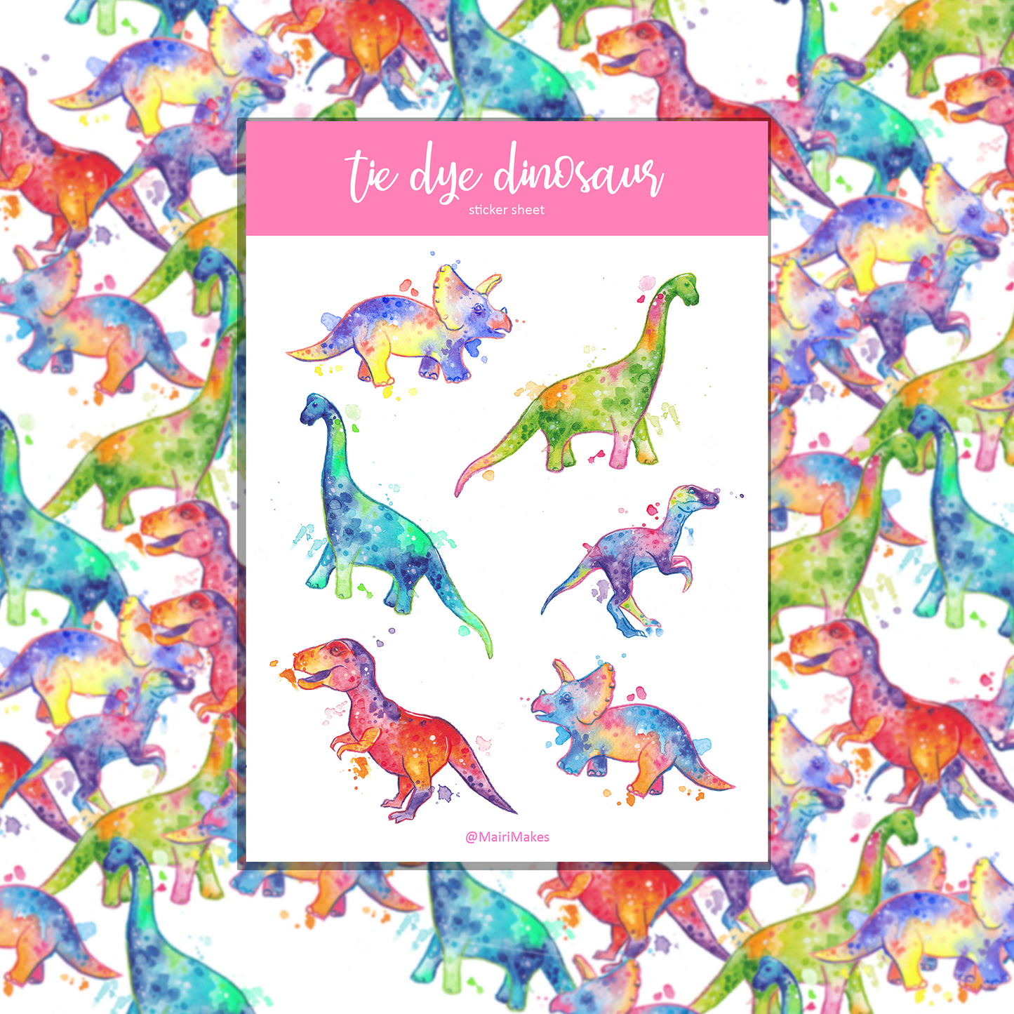 Dinosaur Rainbow Tie Dye Sticker Sheet