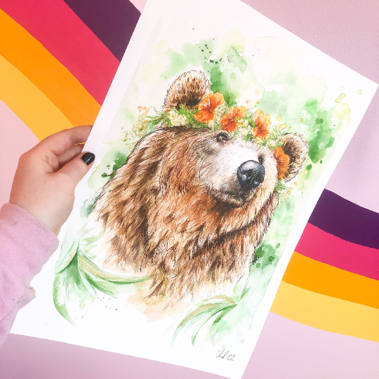 Elinor | Grizzy Bear Flower Crown Watercolour Painting