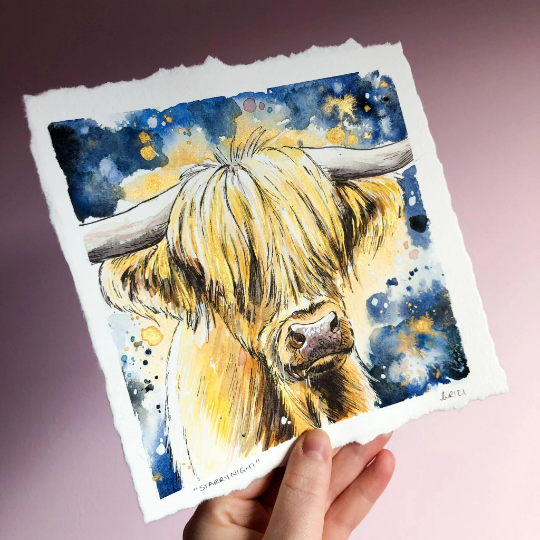 Starry Night Highland Cow Original Watercolour Painting