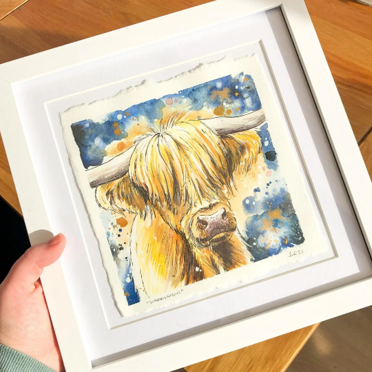 Starry Night Highland Cow Original Watercolour Painting