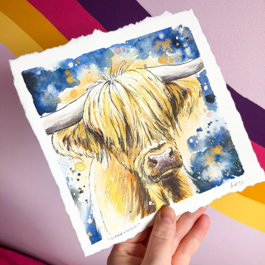 Starry Night Highland Cow Original Watercolour Painting