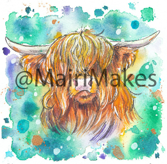 Northern Lights Highland Cow Art Print