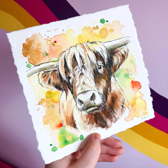 Sunny Highland Cow Original Watercolour Painting