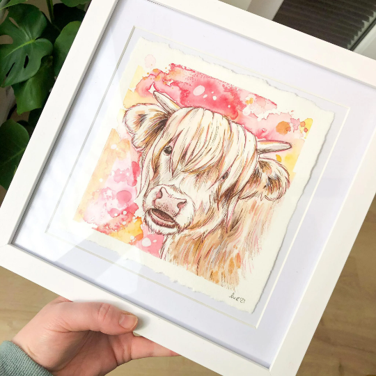 Strawberry Highland Cow Original Watercolour Painting