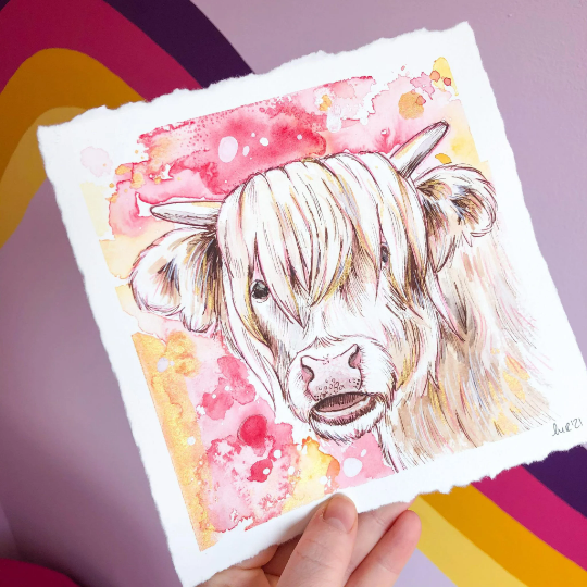 Strawberry Highland Cow Original Watercolour Painting
