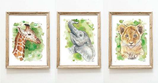 Elephant, Giraffe and Lion Cub Art Print Set of Three