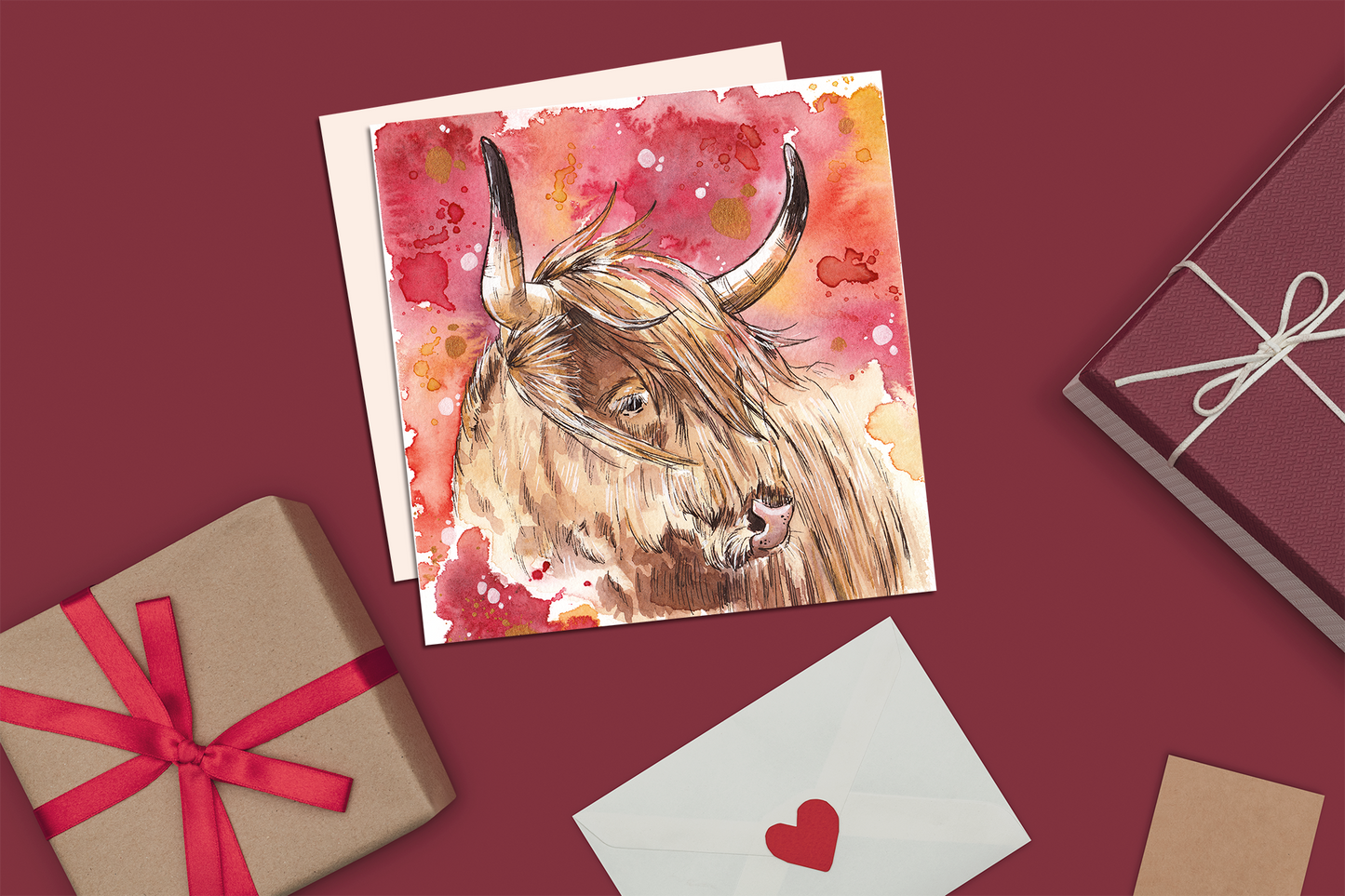 Red Highland Cow Greetings Card