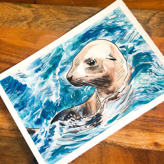 Sea Lion in Ocean Watercolour Painting