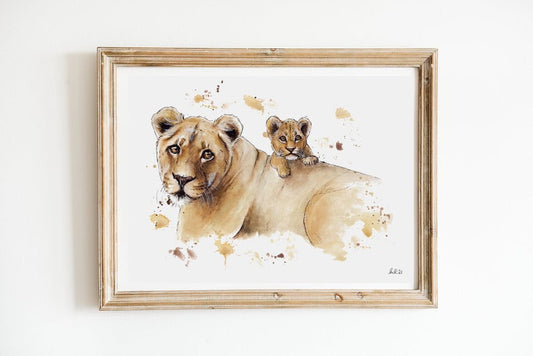 Lioness and Cub Watercolour Art Print