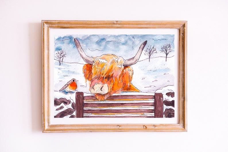 Winter Highland Cow Illustration Print
