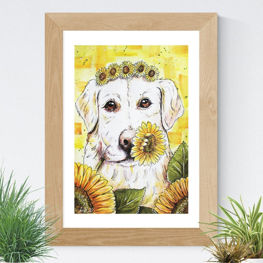 Golden Retriever with Sunflowers Art Print