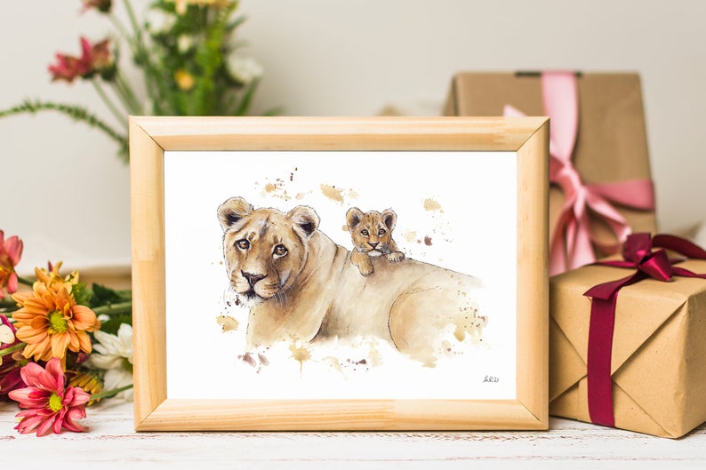 Lioness and Cub Watercolour Art Print