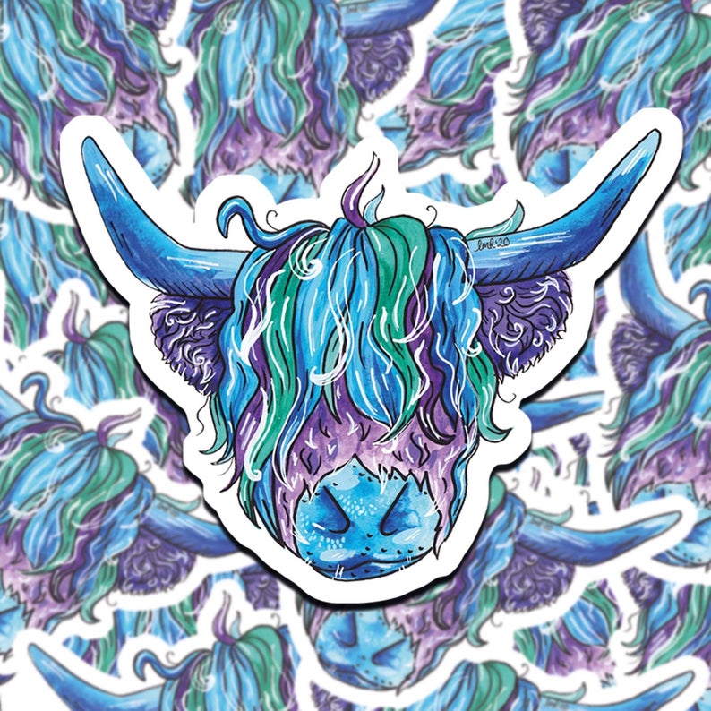 Blue Highland Cow Sticker