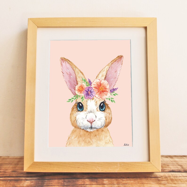 Flower Crown Bunny Illustration Print - Peach/Orange