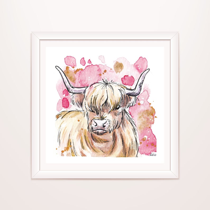 Pink Highland Cow Mini Print