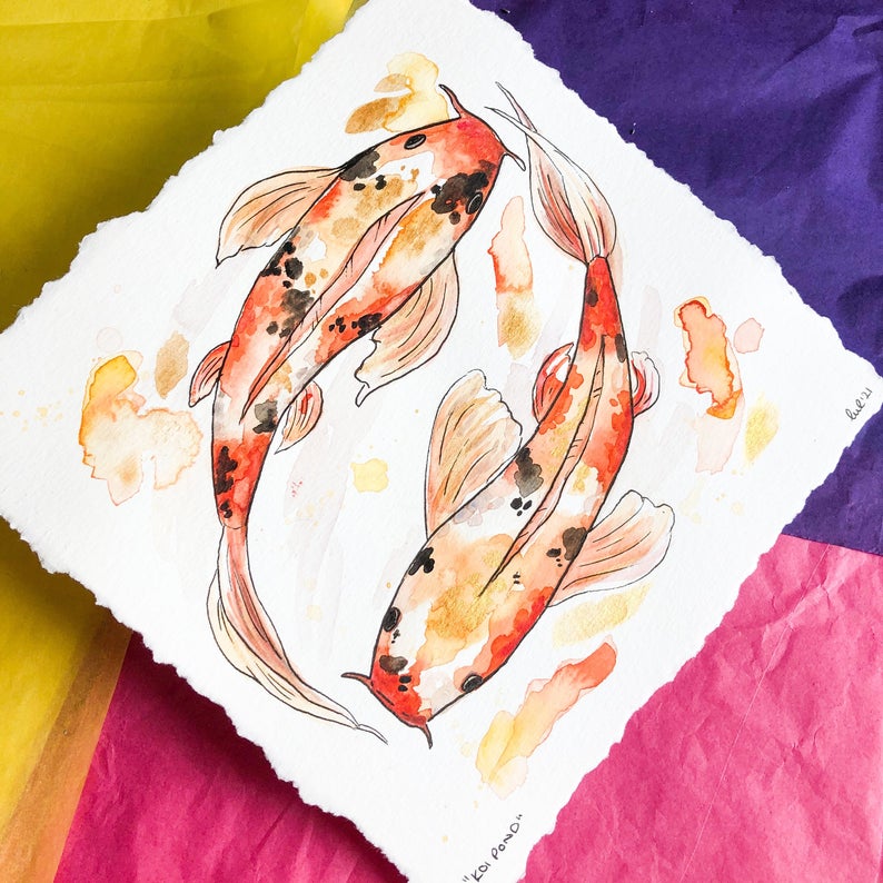 Swimming Koi Fish Watercolour Painting