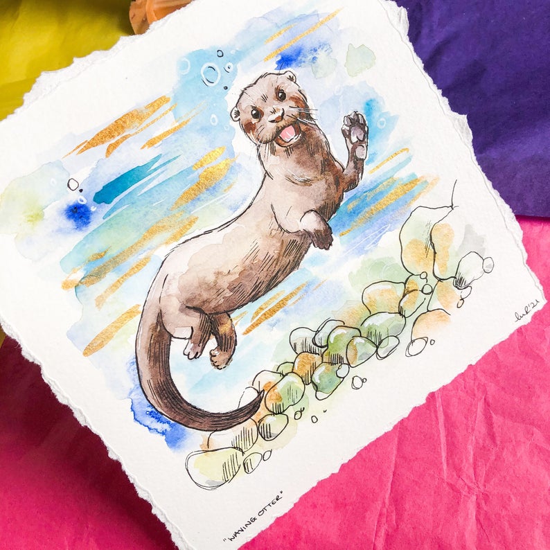 Swimming Otter Watercolour Painting