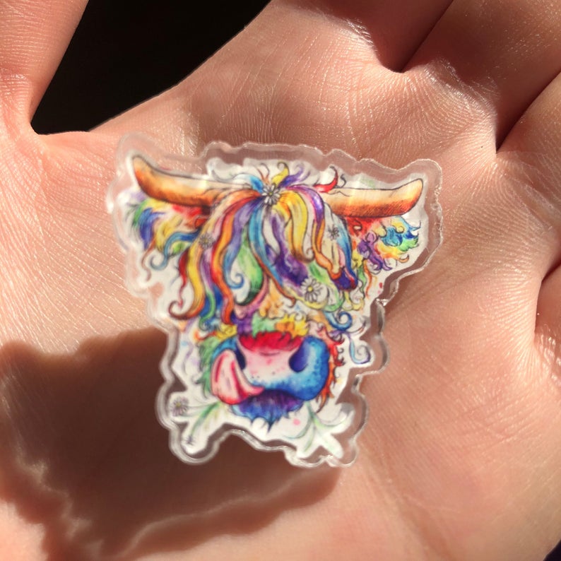 Rainbow Highland Cow Pin Badge